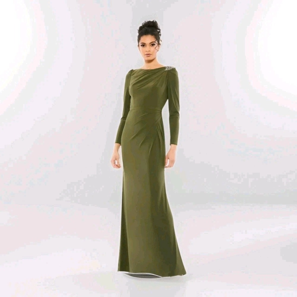 Mac Duggal Draped Boat Neck Long Sleeve Trumpet Gown Olive 14 Athena 26435i
